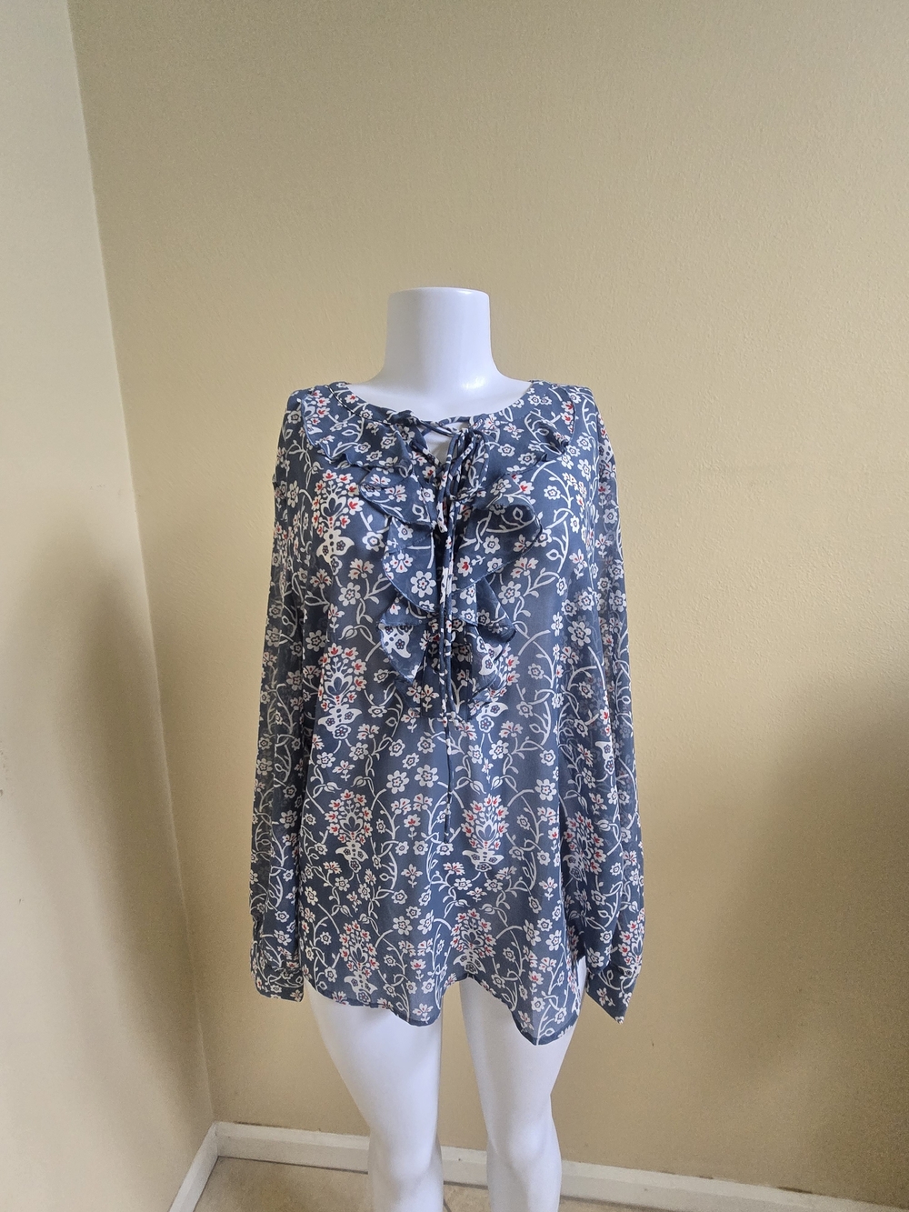 LOFT Slate Blue Floral Tie-Neck Ruffle Blouse.